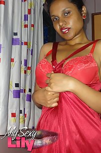 Lily in red sexy nighty looking hot stripping naked to tease